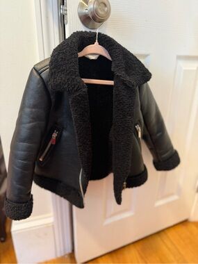 Kids Black Faux-Shearling Aviator Jacket
